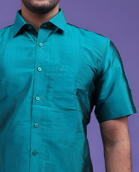 Peacock green plain design half-sleeve pure-silk shirt