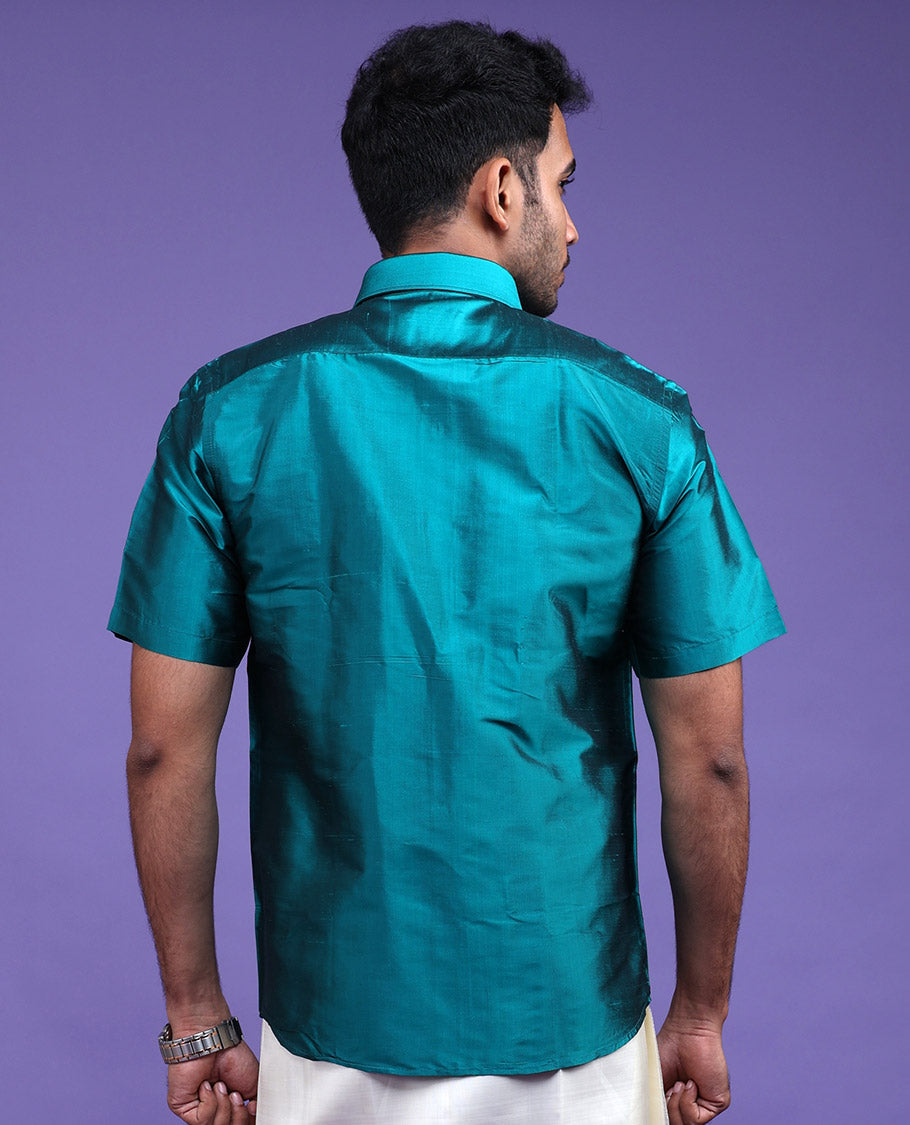 Peacock green plain design half-sleeve pure-silk shirt