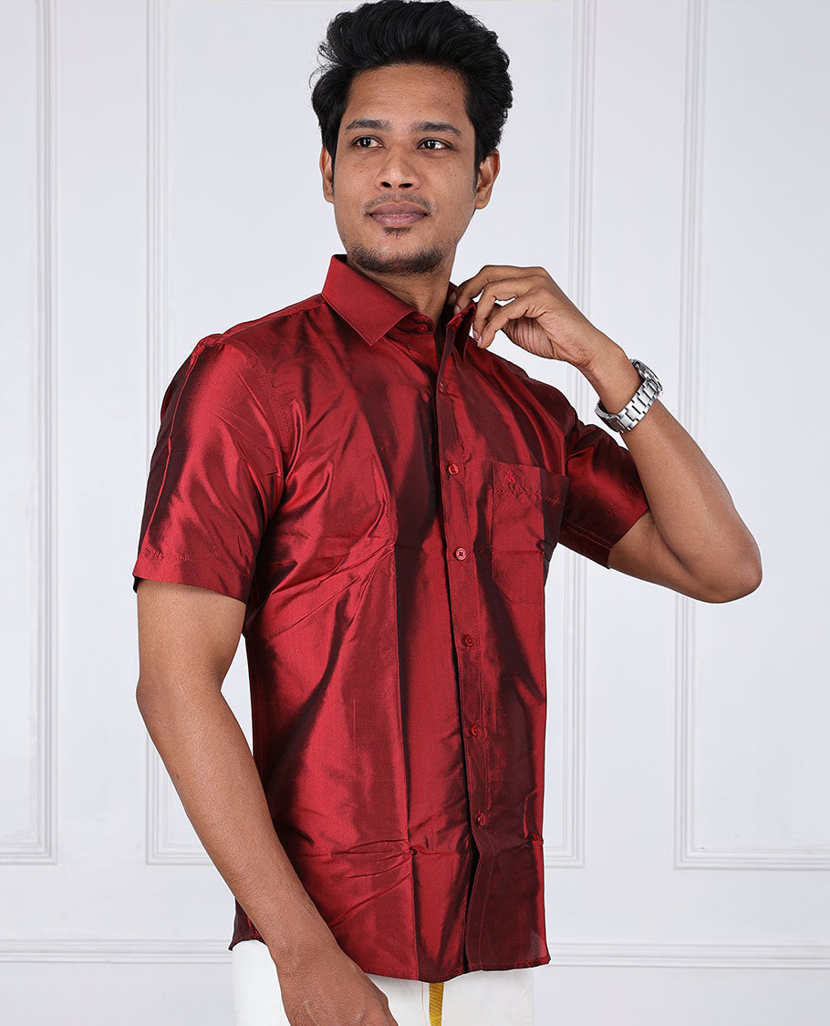 Red plain design half-sleeve pure-silk shirt