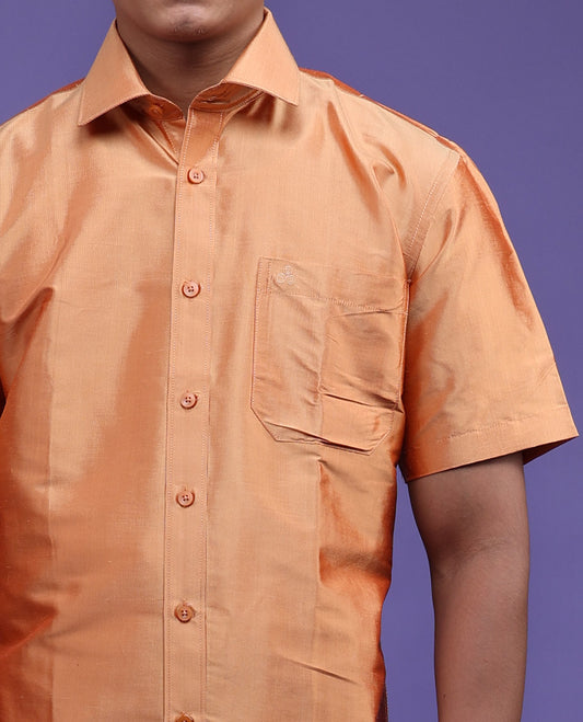 Marigold orange plain design half-sleeve pure-silk shirt