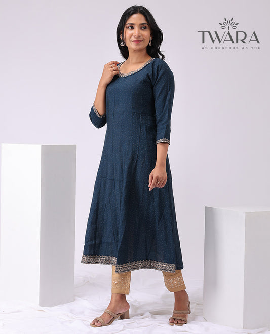 Twara blue embroidered round neck, 3/4 th sleeve, below knee lenght a- line kurti