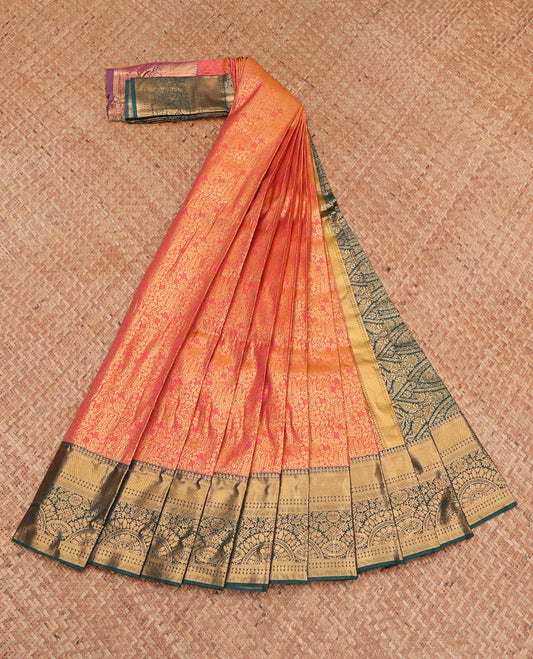Orange Budget Silk Saree, Gracefully Embellished with Jacquard Design, Complemented by a Contrast Traditional Zari Border, Grand Pallu, and a Contrast Blouse