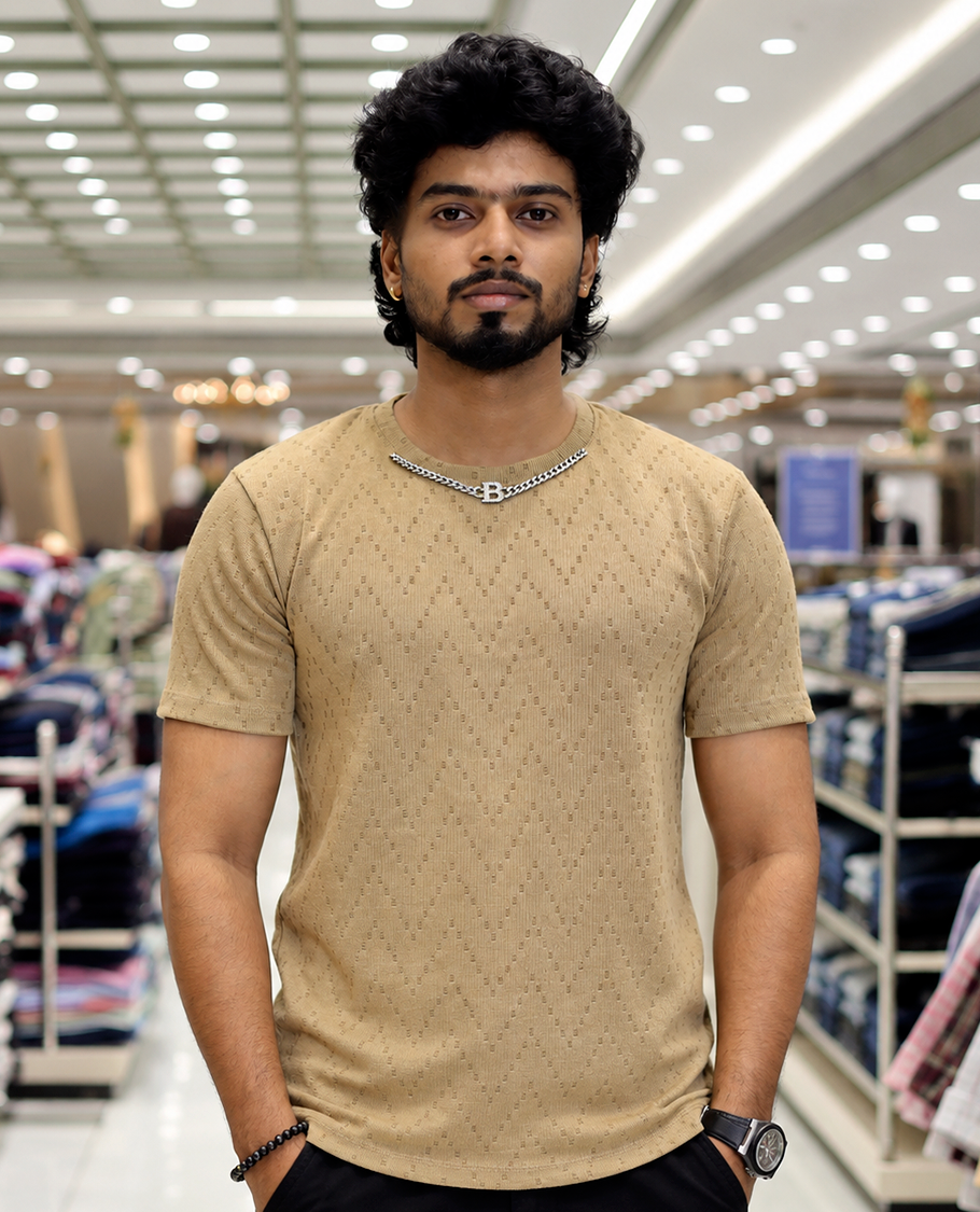 Beige Chevron Cotton-Blended T-Shirt
