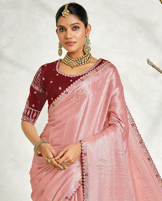 Pink embossed & stonework designer saree, traditional design & lace work scallop border & intricate stonework pallu