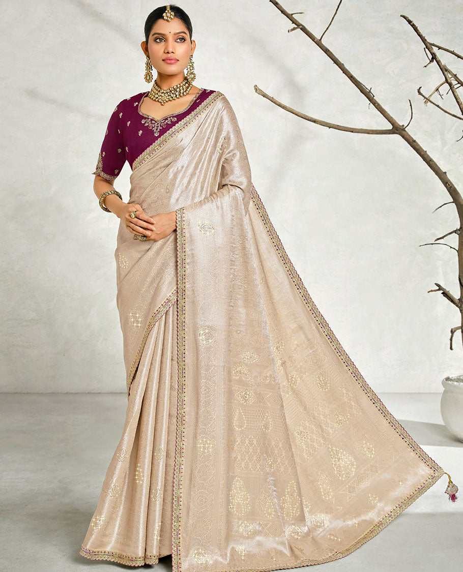 Beige floral embossed & stonework designer saree, traditional design & lace work scallop border & intricate stonework pallu