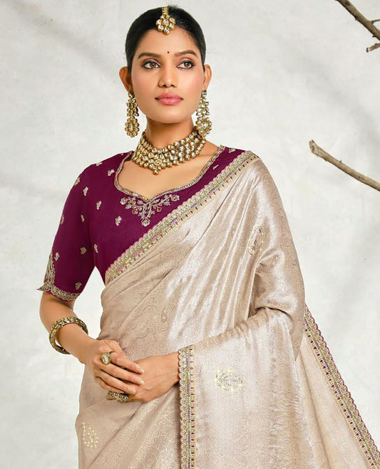 Beige floral embossed & stonework designer saree, traditional design & lace work scallop border & intricate stonework pallu