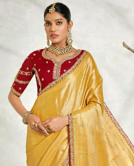 Yellow floral embossed & stonework designer saree, traditional design & lace work scallop border & intricate stonework pallu