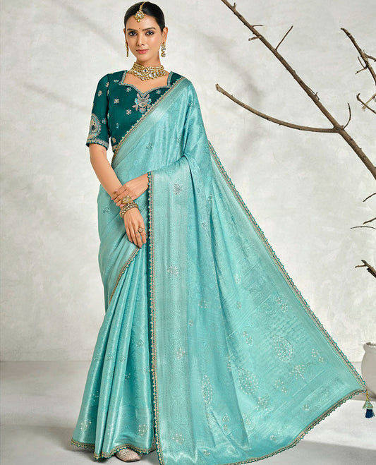 Blue floral embossed & stonework designer saree, traditional design & lace work scallop border & intricate stone work pallu