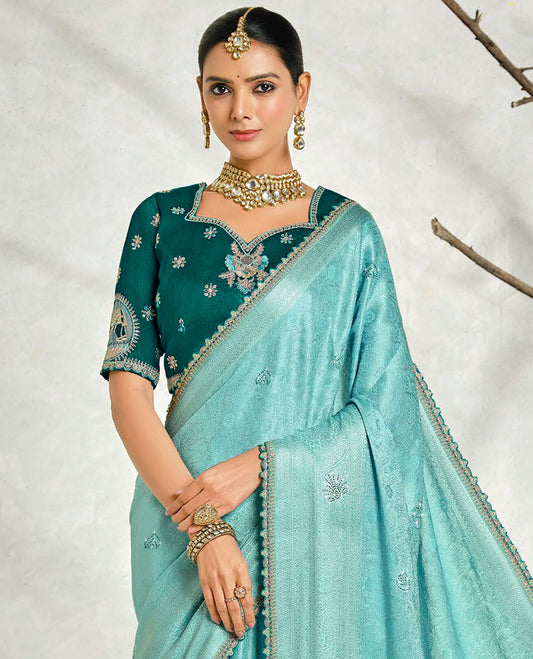 Blue floral embossed & stonework designer saree, traditional design & lace work scallop border & intricate stone work pallu
