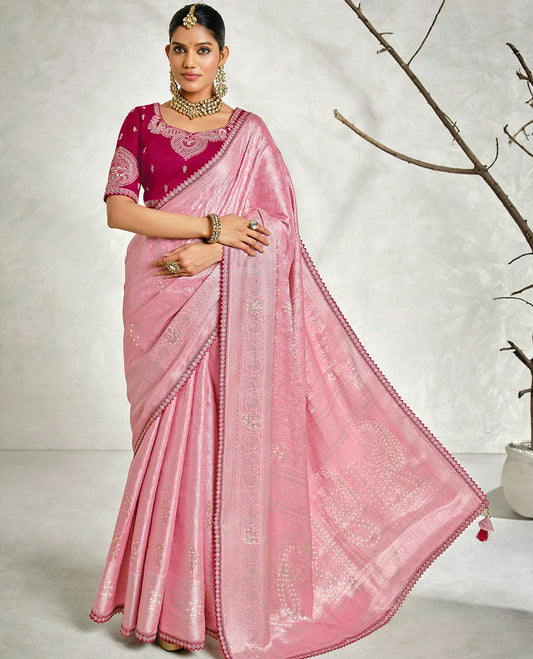 Pink floral embossed & stonework designer saree, traditional design & lace work scallop border & intricate stonework pallu
