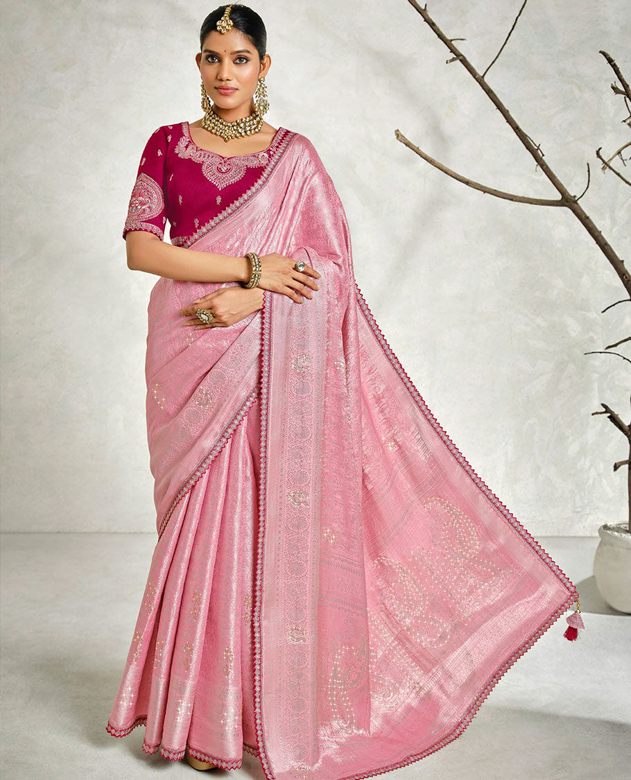 Pink floral embossed & stonework designer saree, traditional design & lace work scallop border & intricate stonework pallu