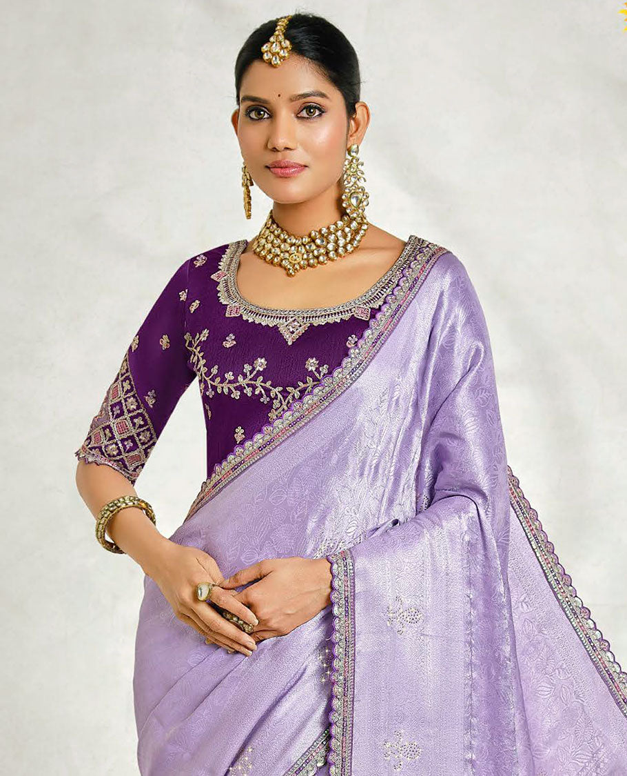 Lavender floral embossed & stonework designer saree, traditional design & lace work scallop border & intricate stonework pallu