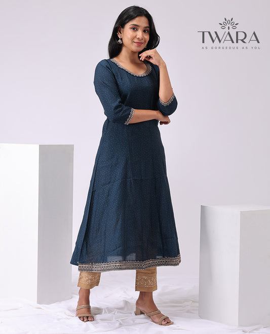Twara blue embroidered round neck, 3/4 th sleeve, below knee lenght a- line kurti
