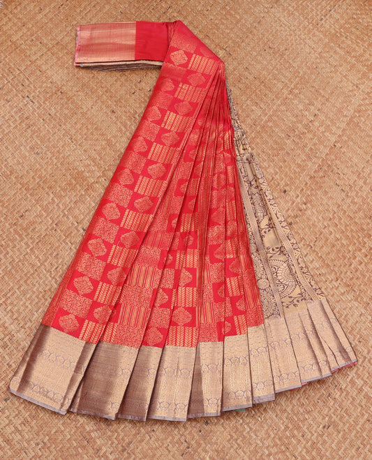Red Budget Silk Saree, Majestically Detailed with Jacquard Design, Complemented by a Contrast Traditional Zari Border, Grand Pallu, and a Contrast Blouse