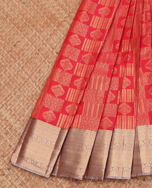 Red Budget Silk Saree, Majestically Detailed with Jacquard Design, Complemented by a Contrast Traditional Zari Border, Grand Pallu, and a Contrast Blouse