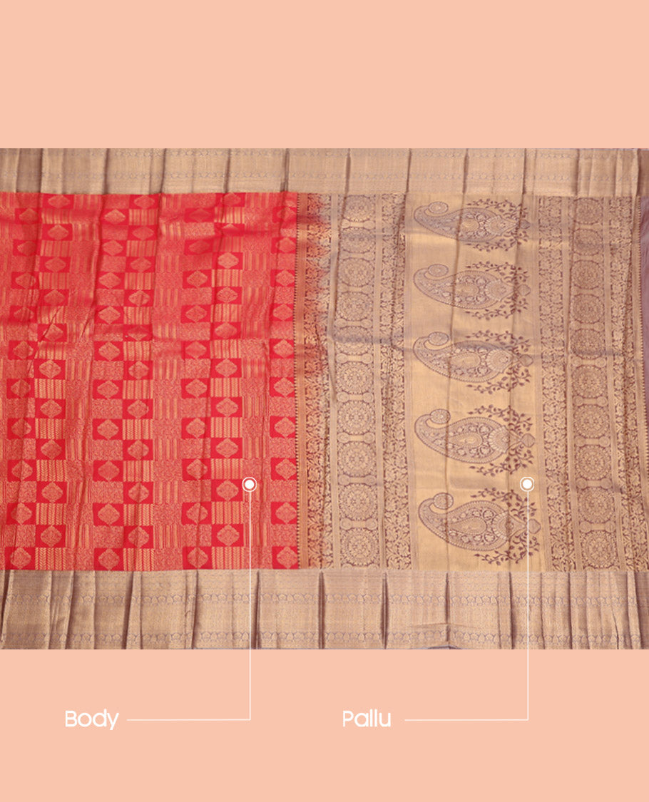 Red Budget Silk Saree, Majestically Detailed with Jacquard Design, Complemented by a Contrast Traditional Zari Border, Grand Pallu, and a Contrast Blouse
