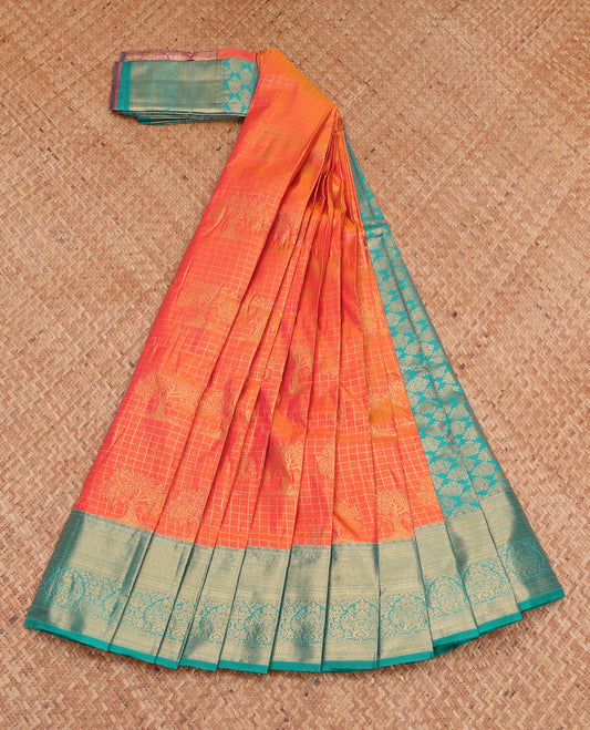 Orange Budget Silk Saree, Elevated with Zari Buttas and Checks, Complemented by a Contrast Traditional Zari Border, Grand Pallu, and a Contrast Blouse