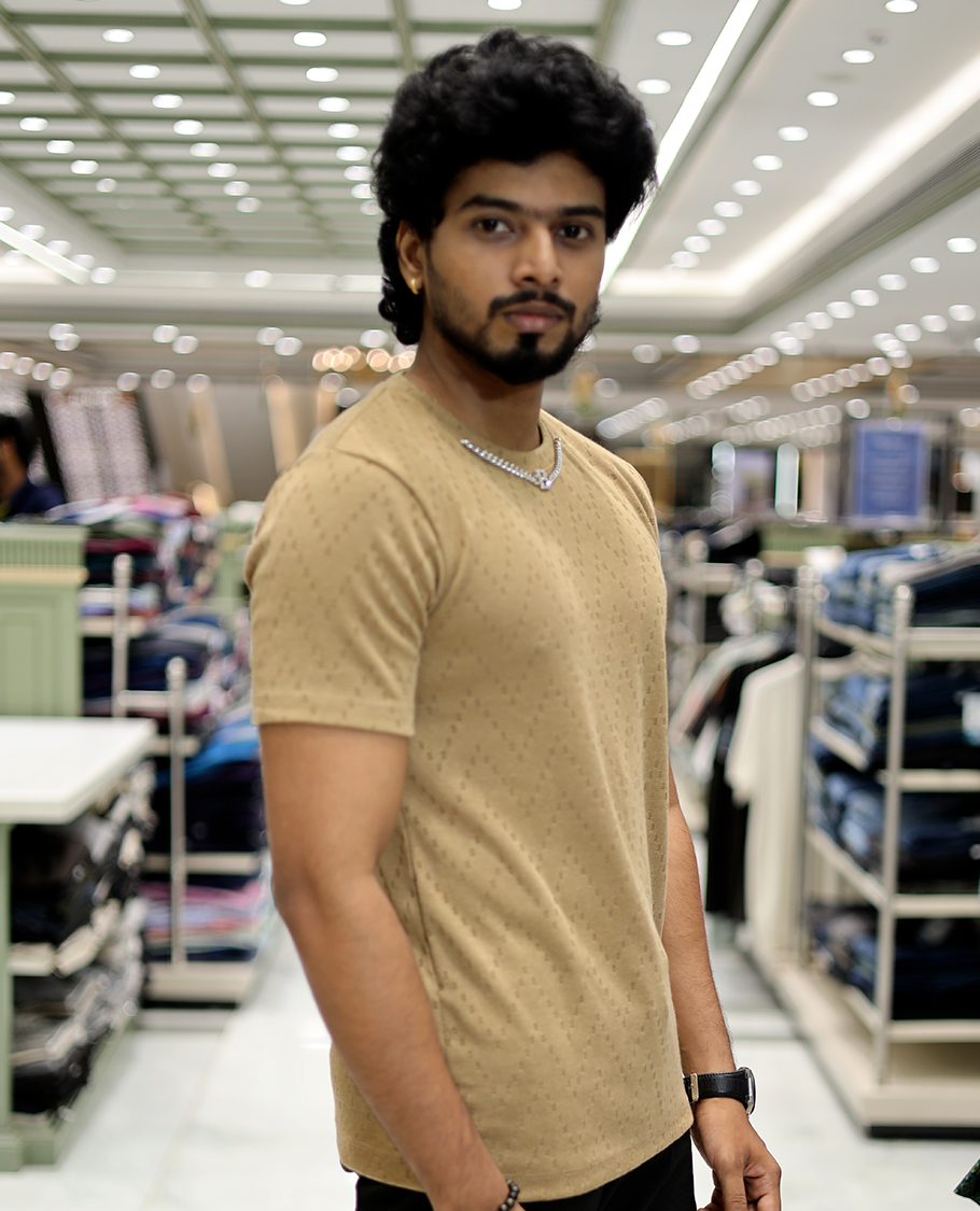 Beige Chevron Cotton-Blended T-Shirt