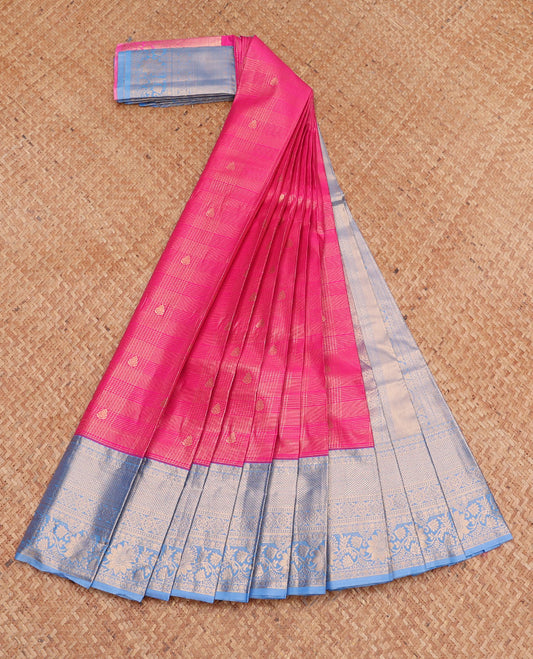 Pink Budget Silk Saree, Richly Detailed with Zari Buttas and Checks, Complemented by a Contrast Traditional Zari Border, Grand Pallu, and a Contrast Blouse