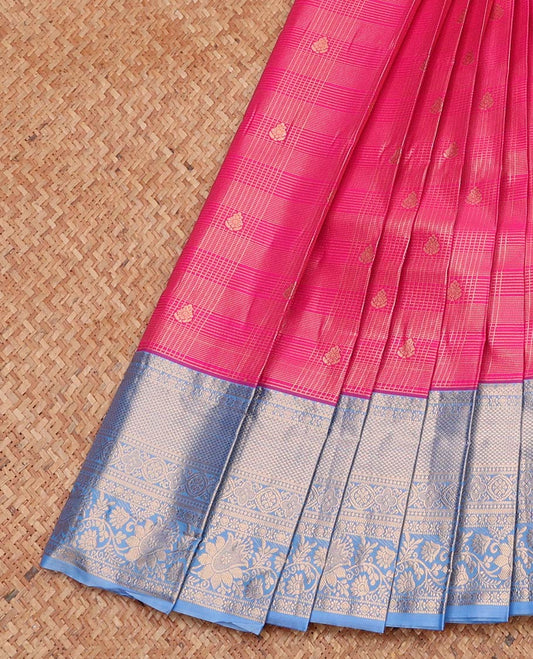 Pink Budget Silk Saree, Richly Detailed with Zari Buttas and Checks, Complemented by a Contrast Traditional Zari Border, Grand Pallu, and a Contrast Blouse