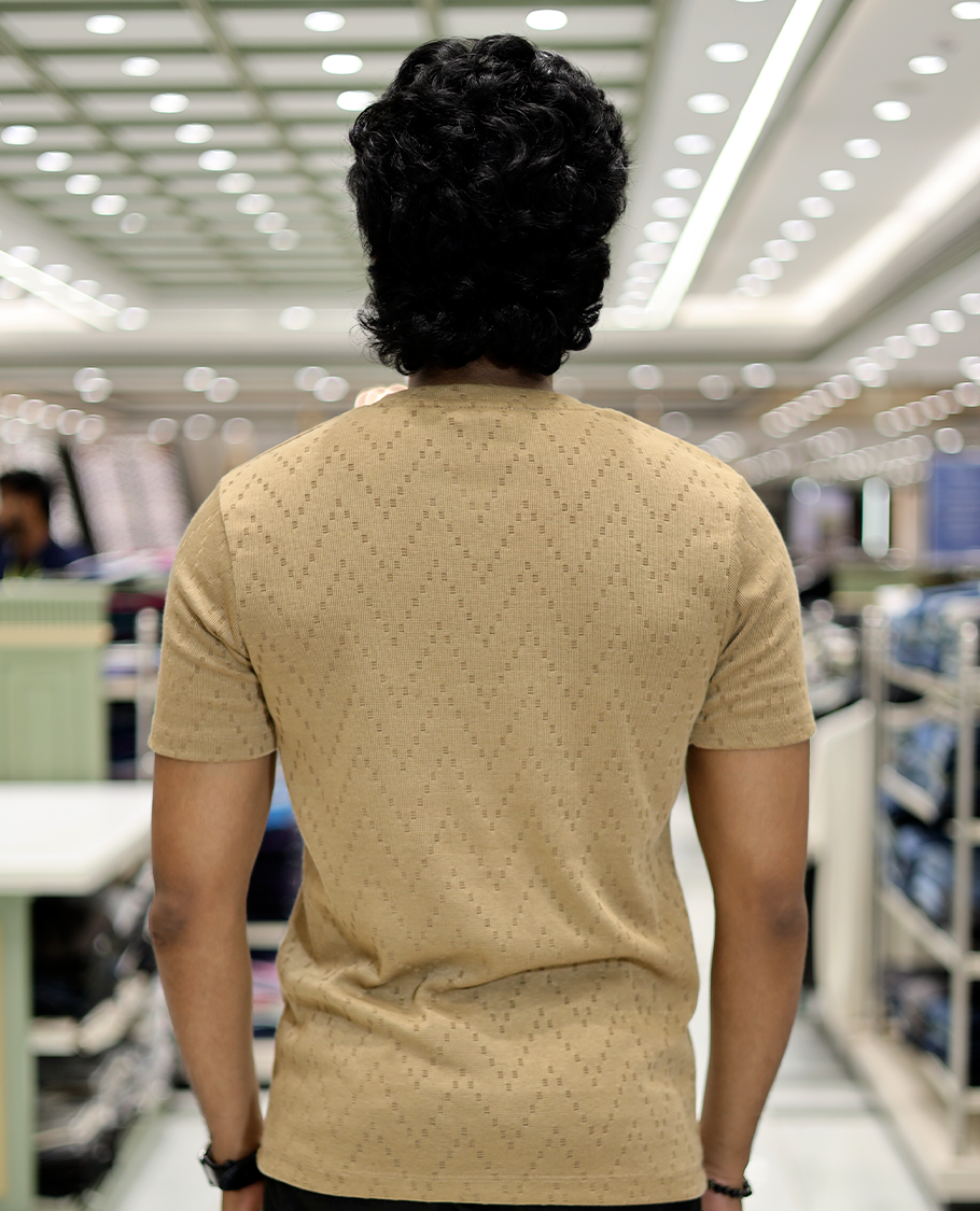 Beige Chevron Cotton-Blended T-Shirt
