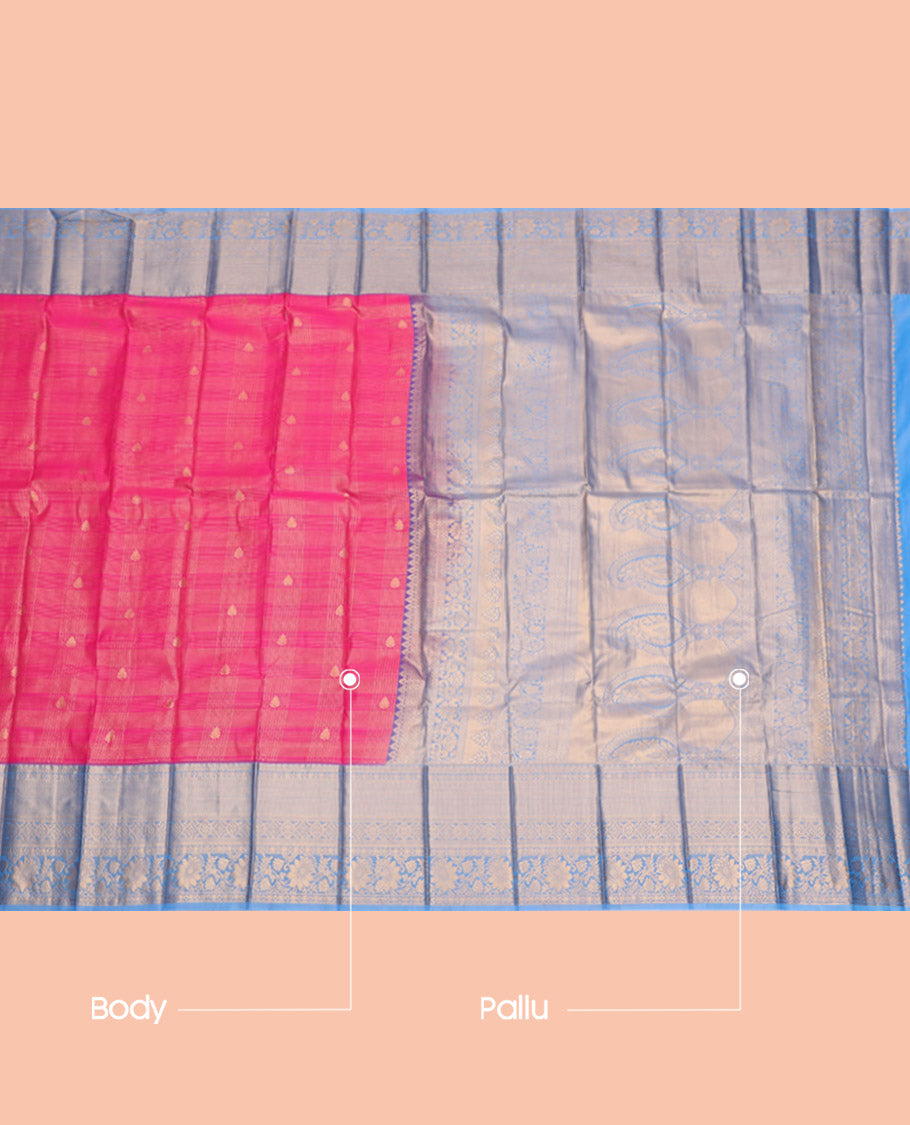 Pink Budget Silk Saree, Richly Detailed with Zari Buttas and Checks, Complemented by a Contrast Traditional Zari Border, Grand Pallu, and a Contrast Blouse