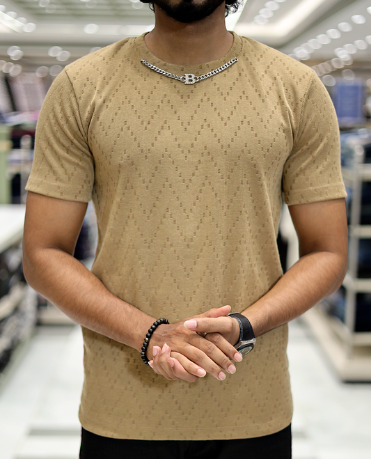 Beige Chevron Cotton-Blended T-Shirt