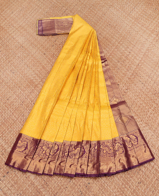 Yellow Budget Silk Saree, Sparsely Threaded with Jacquard Design, Complemented by a Contrast Traditional Zari Border, Grand Pallu, and a Contrast Blouse