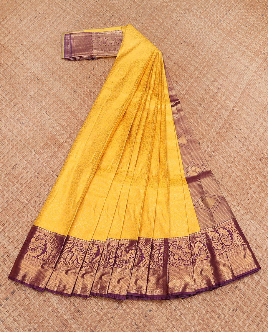 Yellow Budget Silk Saree, Sparsely Threaded with Jacquard Design, Complemented by a Contrast Traditional Zari Border, Grand Pallu, and a Contrast Blouse