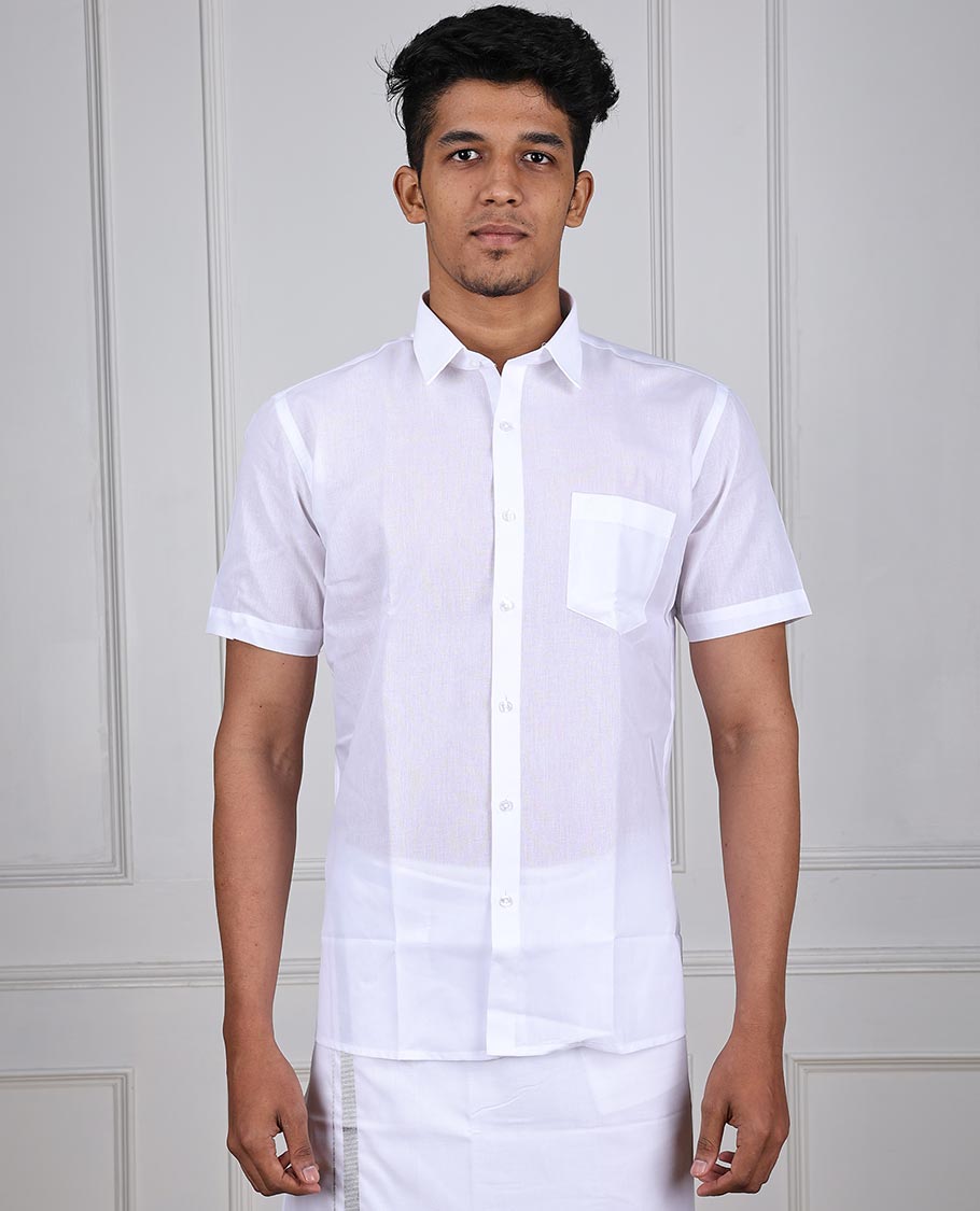 Minister White Crystal plain design half-sleeve with patch pocket regular fit cotton white shirt 