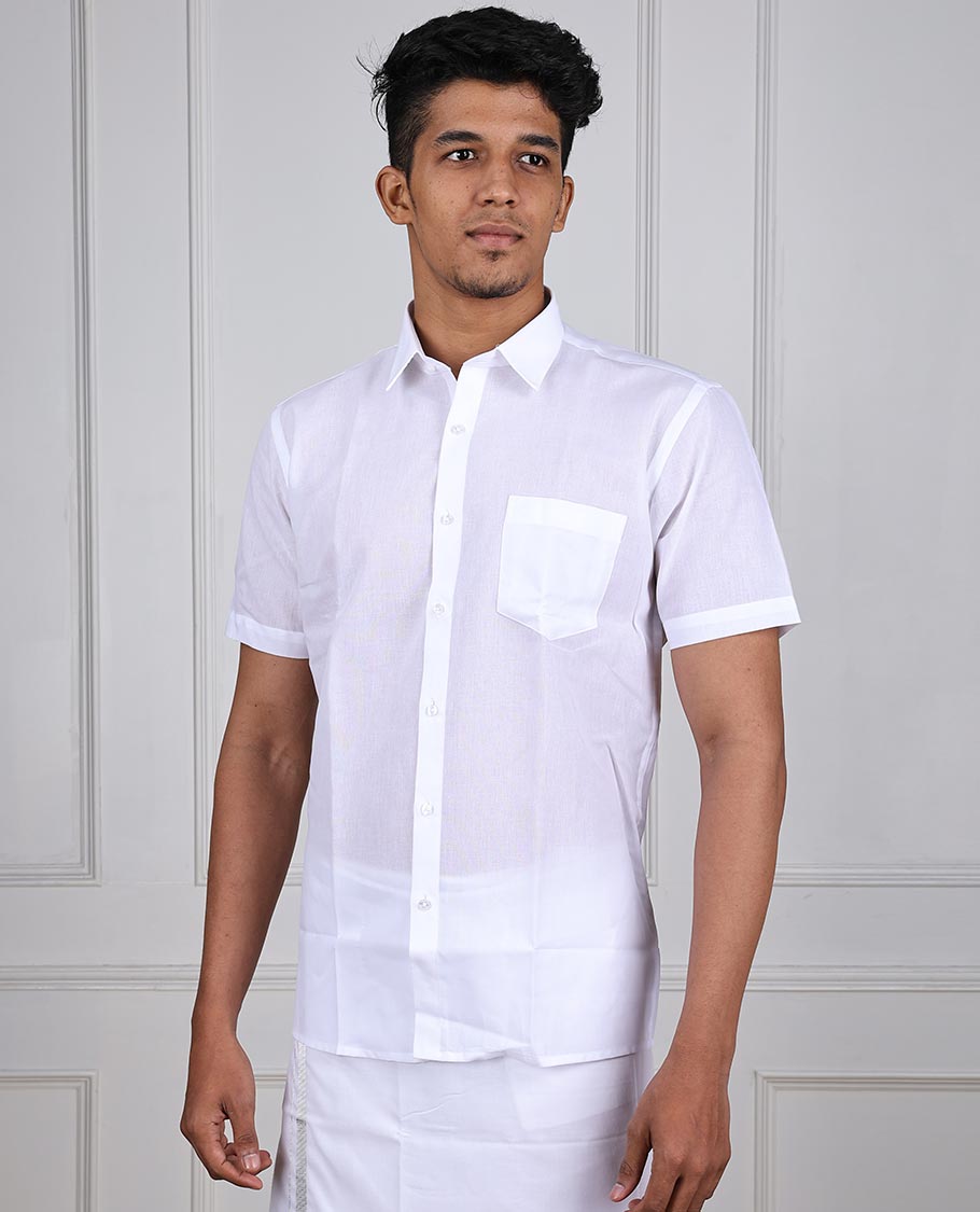 Minister White Crystal plain design half-sleeve with patch pocket regular fit cotton white shirt 