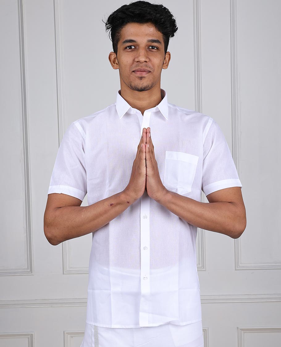Minister White Crystal plain design half-sleeve with patch pocket regular fit cotton white shirt 