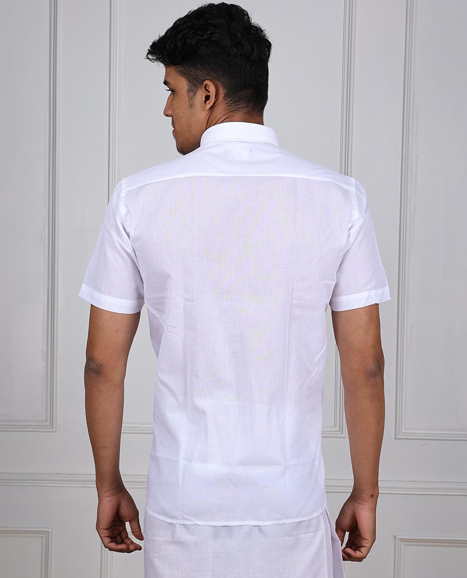 Minister White Crystal plain design half-sleeve with patch pocket regular fit cotton white shirt 