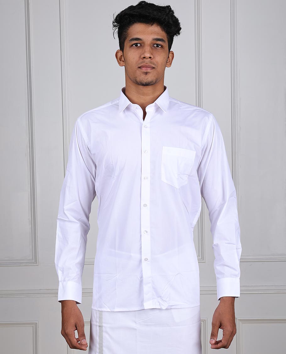Minister White Aishwaryam plain design full-sleeve with patch pocket regular fit cotton white shirt