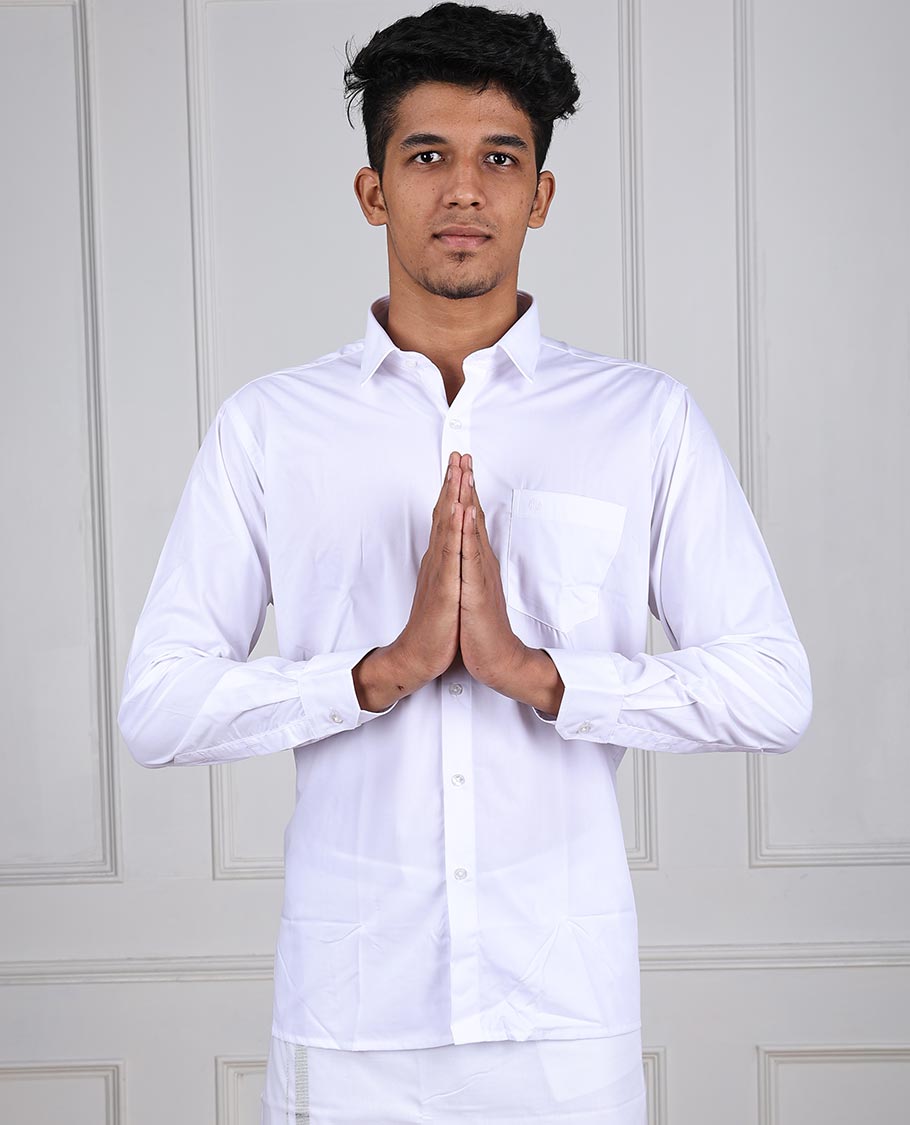 Minister White Aishwaryam plain design full-sleeve with patch pocket regular fit cotton white shirt