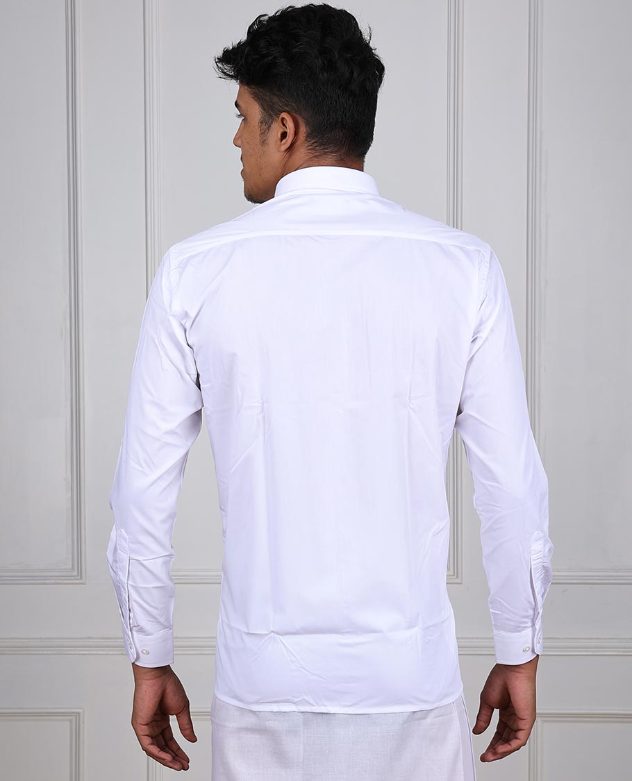Minister White Aishwaryam plain design full-sleeve with patch pocket regular fit cotton white shirt