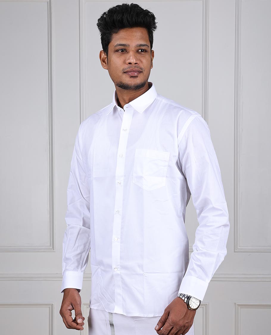 Minister White Softy plain design full-sleeve with patch pocket regular fit cotton white shirt 