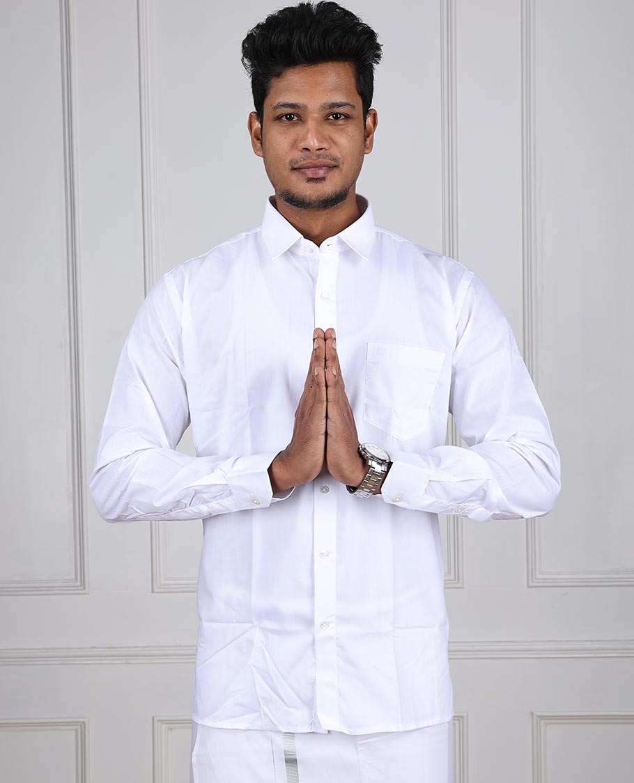 Minister White Softy plain design full-sleeve with patch pocket regular fit cotton white shirt 