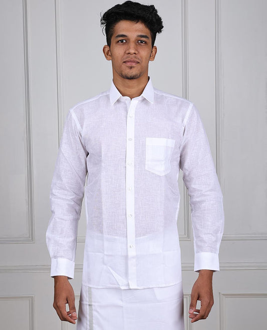 Minister White royal linen plain design full-sleeve & patch pocket regular fit cotton white shirt