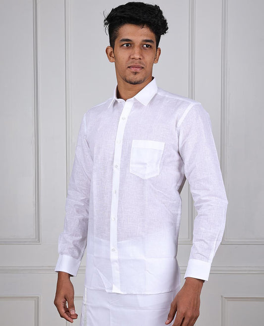 Minister White royal linen plain design full-sleeve & patch pocket regular fit cotton white shirt