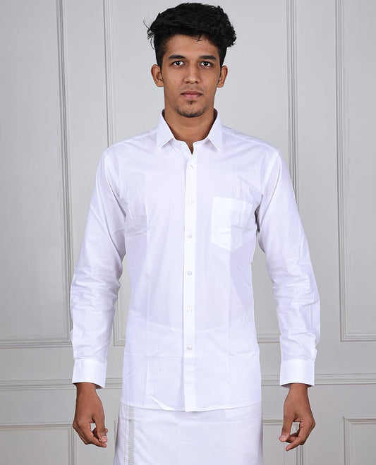 Minister White cotton king plain design full-sleeve & patch pocket regular fit cotton white shirt