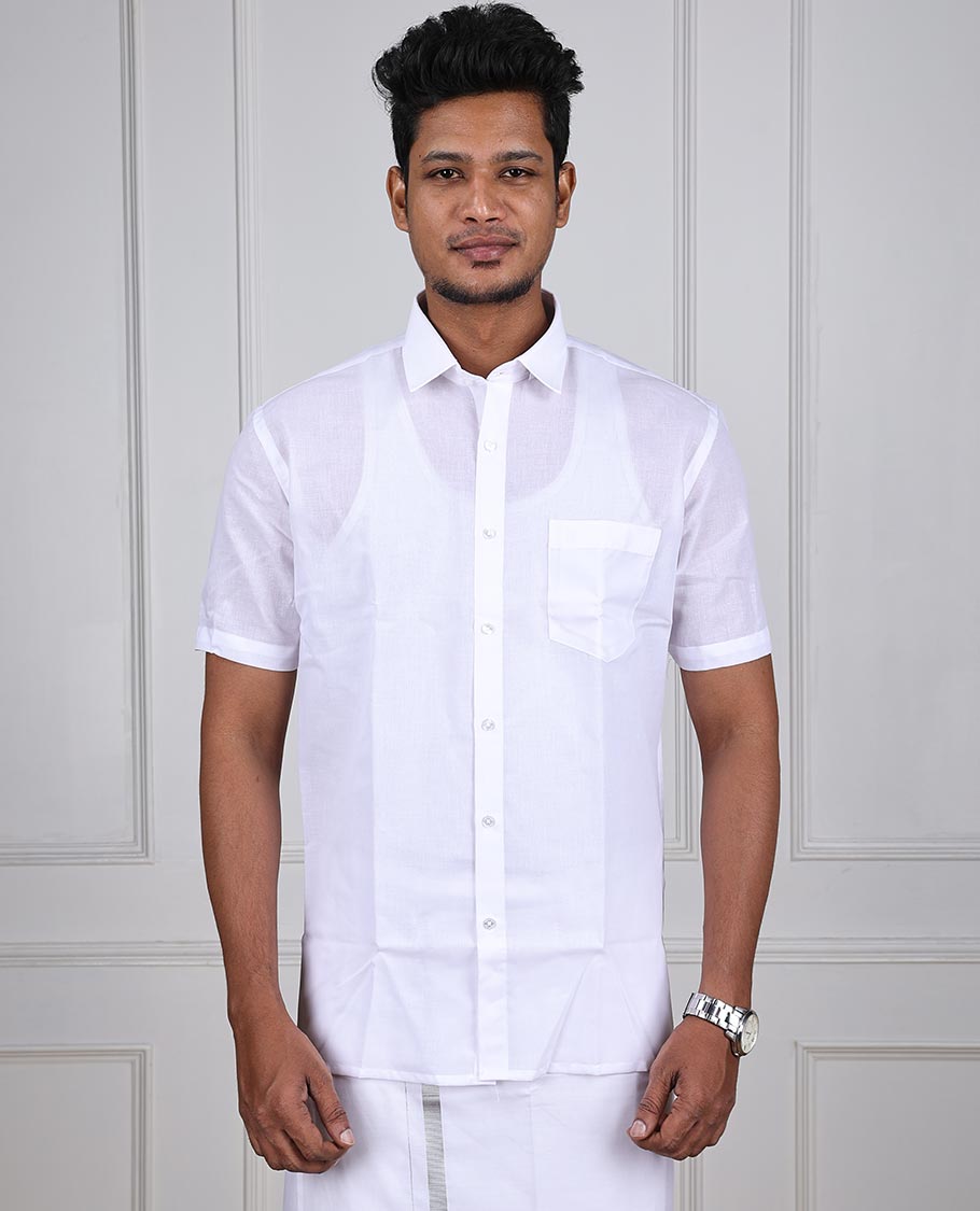 Minister White Classic plain design short-sleeve & patch pocket regular fit cotton white shirt 