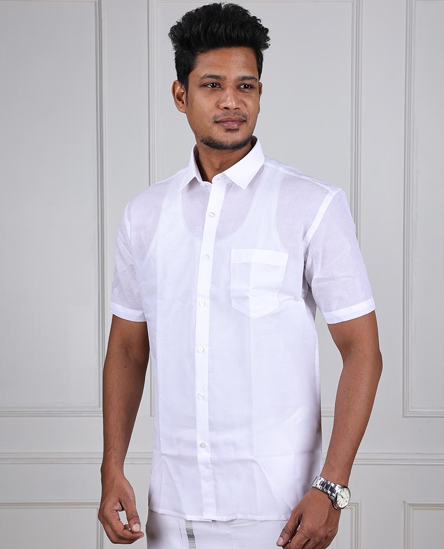 Minister White Classic plain design short-sleeve & patch pocket regular fit cotton white shirt 