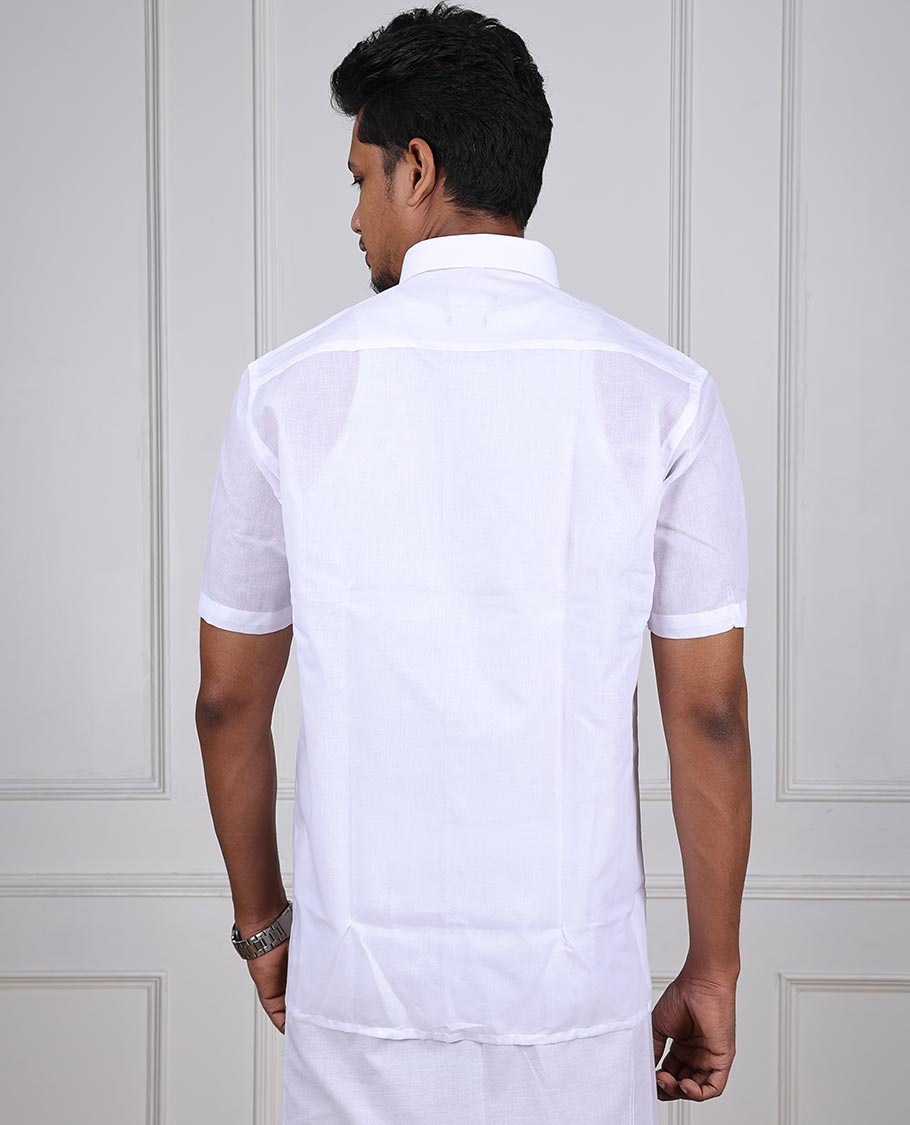 Minister White Classic plain design short-sleeve & patch pocket regular fit cotton white shirt 