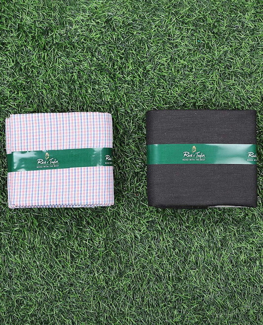 Reid & Taylor men's material set features a multi-color micro-checked cotton shirt & contrast polyester viscose pants 