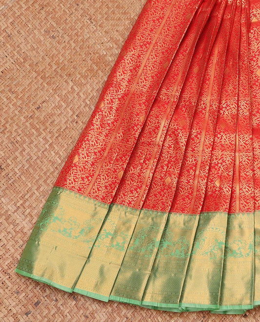 Red Budget Silk Saree, Bedecked with Jacquard Design, Complemented by a Contrast Traditional Zari Border, Grand Pallu, and a Contrast Blouse