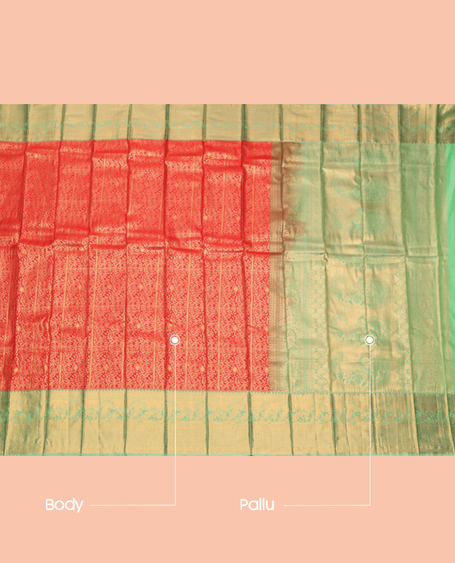 Red Budget Silk Saree, Bedecked with Jacquard Design, Complemented by a Contrast Traditional Zari Border, Grand Pallu, and a Contrast Blouse