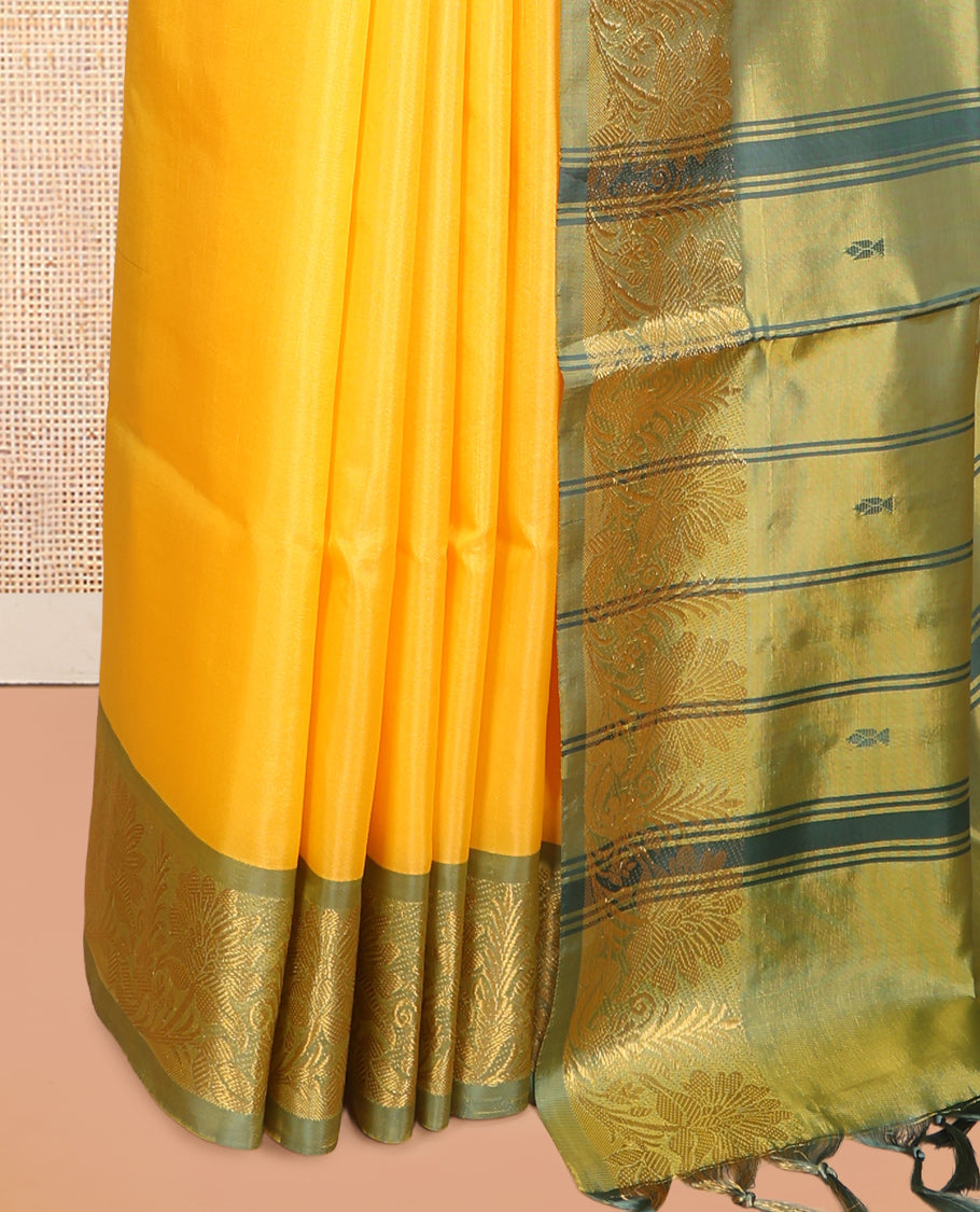 Yellow Banana Pith Saree, Woven with Buttas, a Contrast Floral Zari Border, Pallu of Stripes and Buttas, and a Contrast Blouse