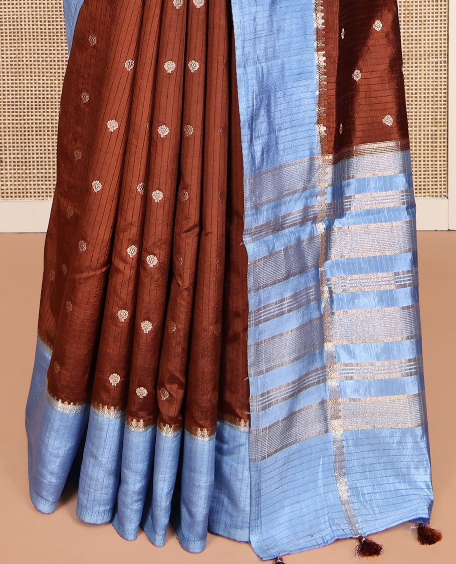 Brown Dupion Silk Saree, Delicately Woven with Buttas and Stripes, Complemented by a Contrast Traditional Zari Border, Zari Striped Pallu, and a Contrast Blouse