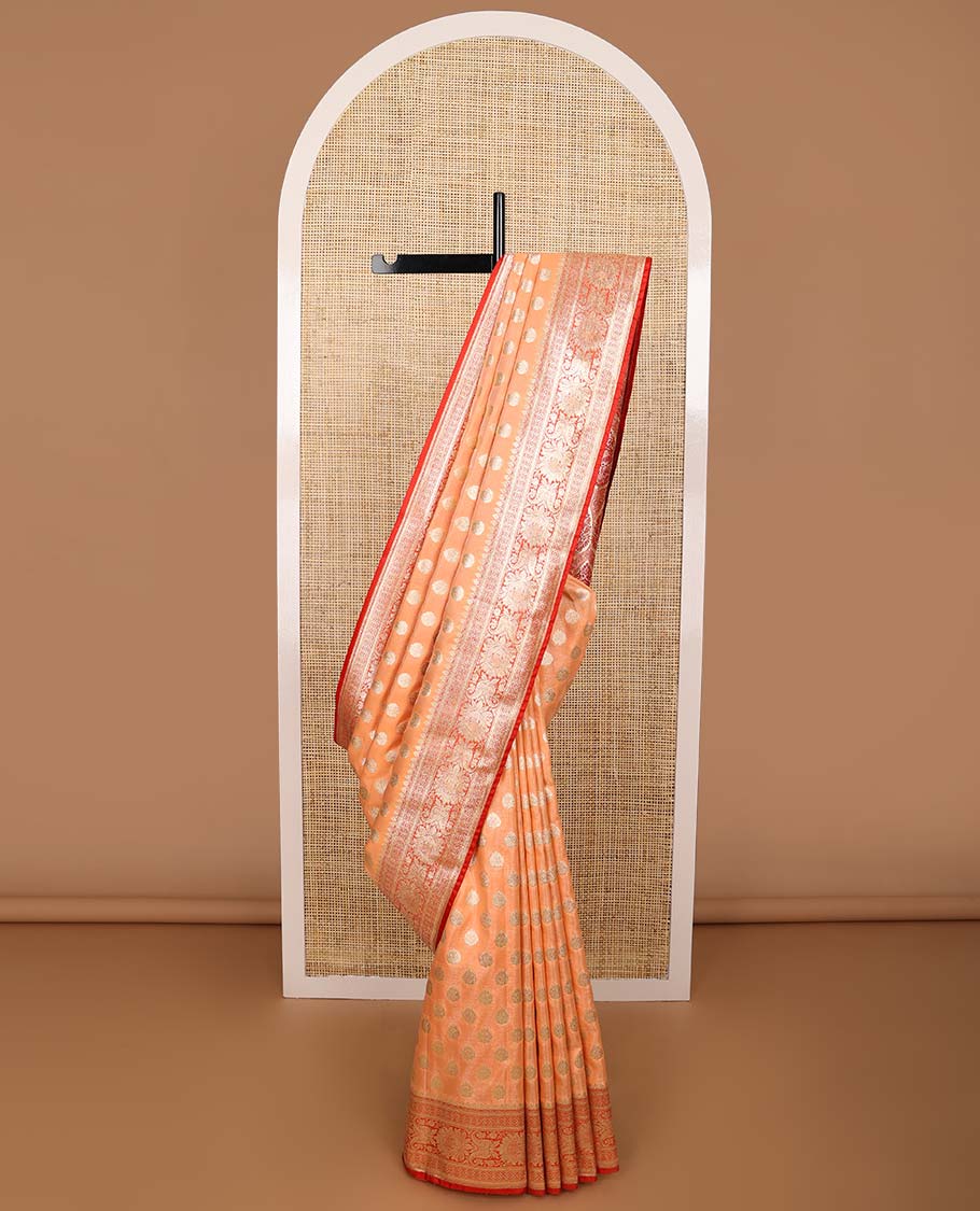 Peach floral buttas semi banaras nylon saree with contrast traditional zari design border & floral zari design pallu